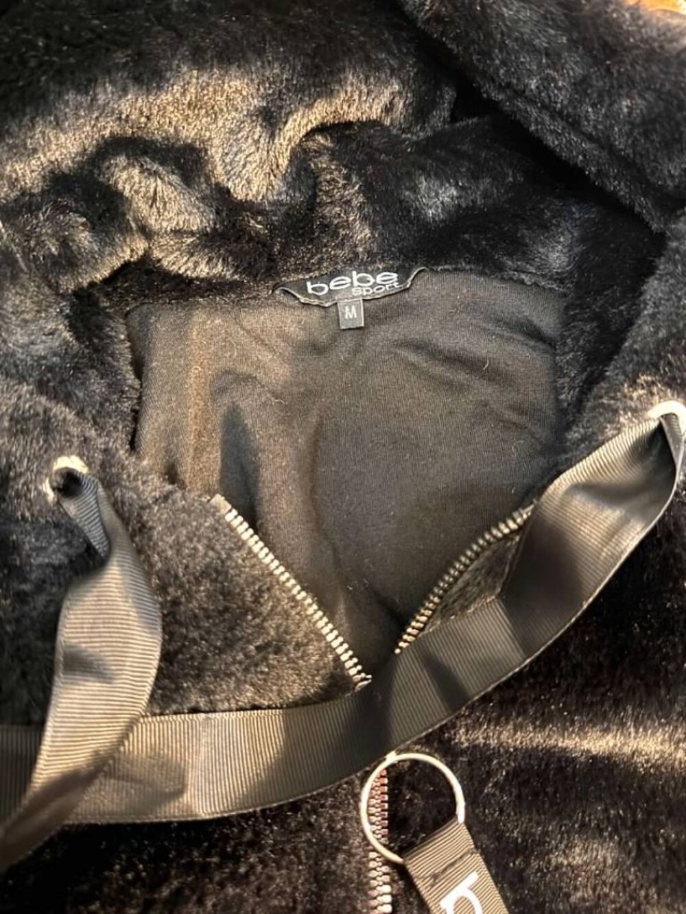 Bebe Black Faux Fur Full Zip Hoodie Jacket with Embroidered Logo - Medium - Picture 5 of 5